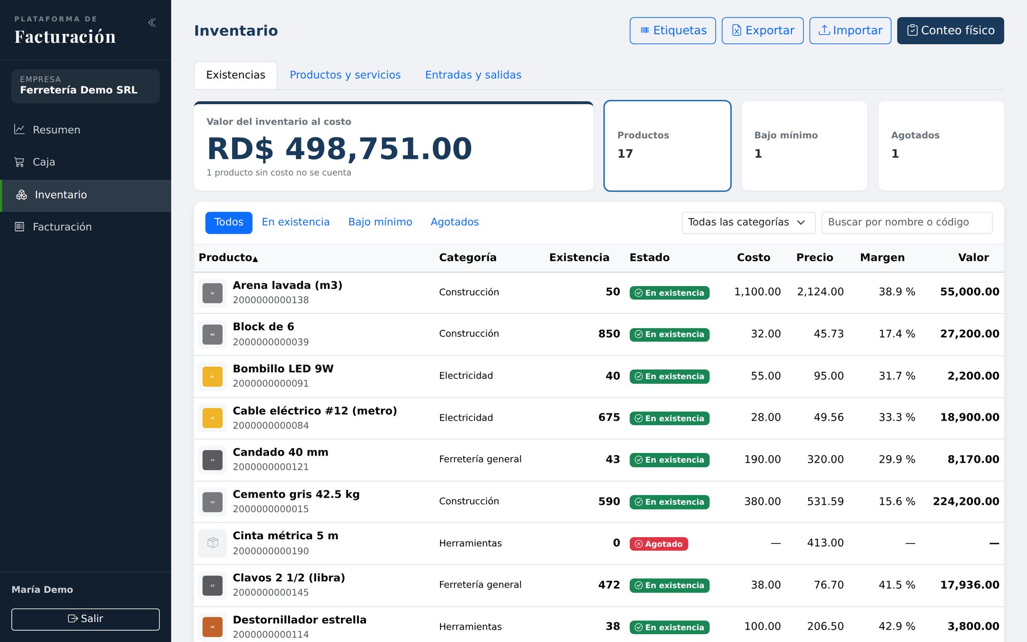 Inventario: valor al costo, existencias, costo, precio y margen por producto